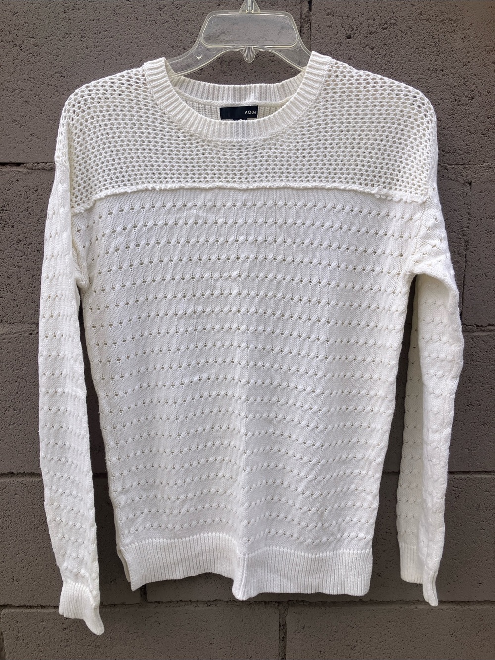 Aqua White Open-Knit Crewneck Sweater